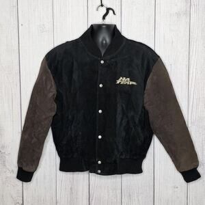 No Fear Leather Varsity Bomber Jacket Black Brown Logo Back, sz Large